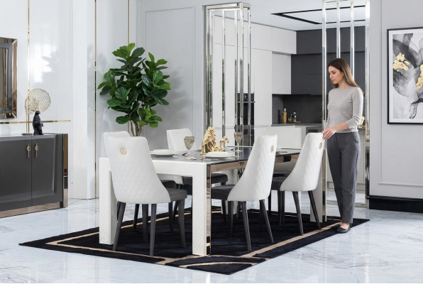 Design Luxus Dëscher Iesszëmmer Italienesch Miwwelen Dësch Lehnstull 6x Still Nei