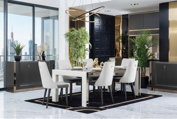 Design Luxus Dëscher Iesszëmmer Italienesch Miwwelen Dësch Lehnstull 6x Still Nei