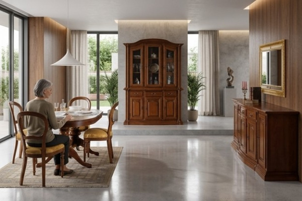 Design Iesszëmmer Set Garnitur 7tlg Holz Miwwelen Kommode 4x Stull Dësch Vitrin Nei