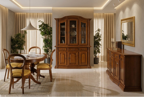 Design Iesszëmmer Set Garnitur 7tlg Holz Miwwelen Kommode 4x Stull Dësch Vitrin Nei
