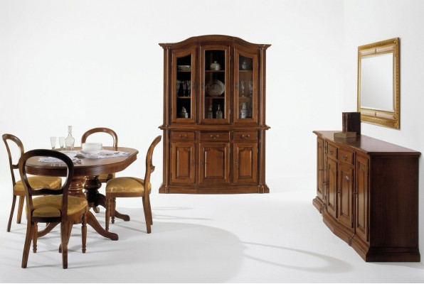 Design Iesszëmmer Set Garnitur 7tlg Holz Miwwelen Kommode 4x Stull Dësch Vitrin Nei