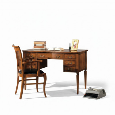 Schreifdësch a Stull aus Holz mat Armlehn Bicherregal Büroeiereien Design Nei