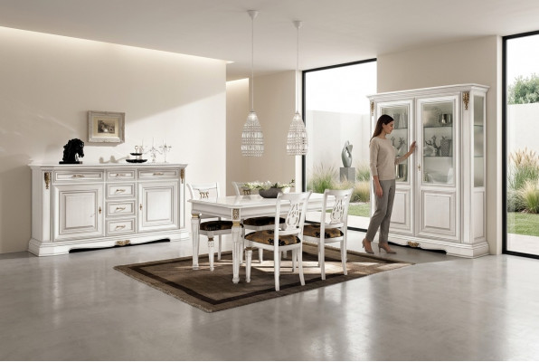 Iesszëmmer Dësch Still Kommode Vitrine Grupp Garnitur Holz Wäiss Set 7-Stéck Nei