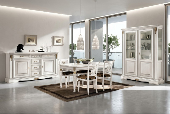 Iesszëmmer Dësch Still Kommode Vitrine Grupp Garnitur Holz Wäiss Set 7-Stéck Nei