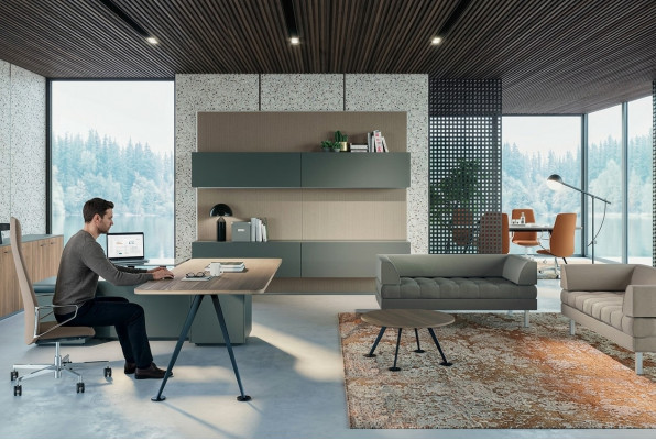 Eckschafft Miwwelen Büro Zëmmer Miwweldesign Schreifdësch Holz Dësch Dëscher