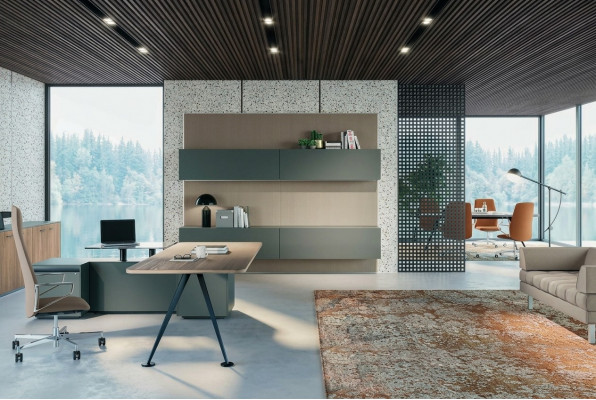 Eckschafft Miwwelen Büro Zëmmer Miwweldesign Schreifdësch Holz Dësch Dëscher