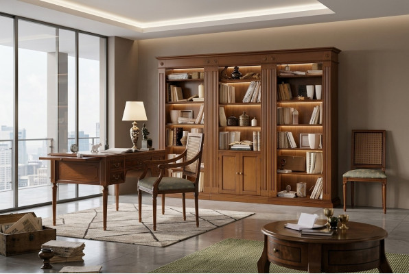 Schreifdësch an Stull aus Holz mat Armleef Kaf Schaf Bichermoöbil Design 3tlg