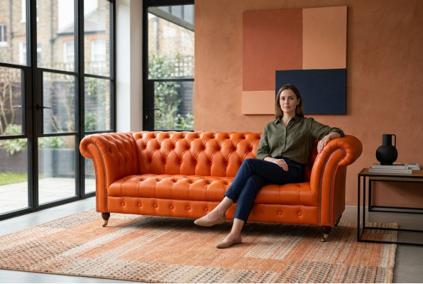 Designer Sofa 3 Sëtzer Chesterfield Couch Gepolstert Sofas Design Orange