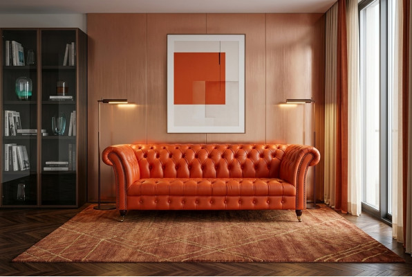 Designer Sofa 3 Sëtzer Chesterfield Couch Gepolstert Sofas Design Orange