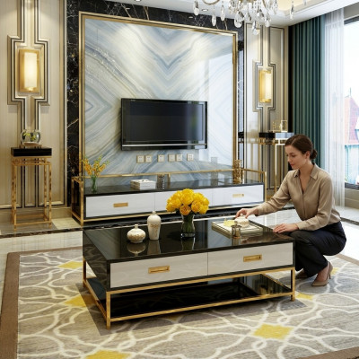 Luxus Metal Couchtisch Gold Schwaarz Héichglanz Sofa Wunnzëmmer Dësch
