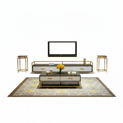 Luxus Metal Couchtisch Gold Schwaarz Héichglanz Sofa Wunnzëmmer Dësch