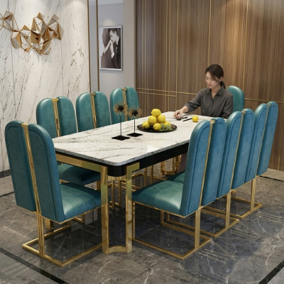 Luxus Iessdësch Dësch Metall Dëscher Designer Miwwelen Konferenz Marmor