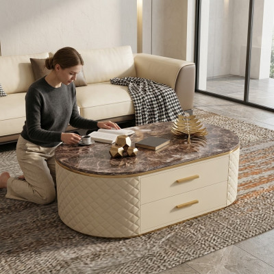 Design-Couchtisch aus Marmor-Stein-Imitatioun Wunnzëmmer-Kaffi-Sofa Dësch Bäistell