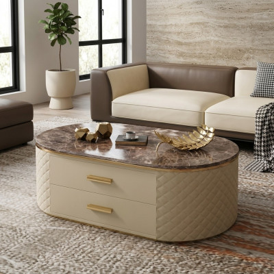 Design-Couchtisch aus Marmor-Stein-Imitatioun Wunnzëmmer-Kaffi-Sofa Dësch Bäistell