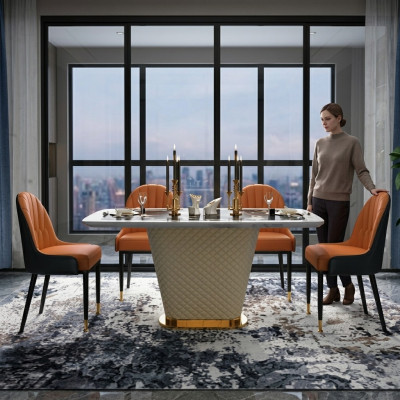 Luxus Designer Iesszëmmer mat ronnem Iessdësch & 4 x Lehnstill Metall