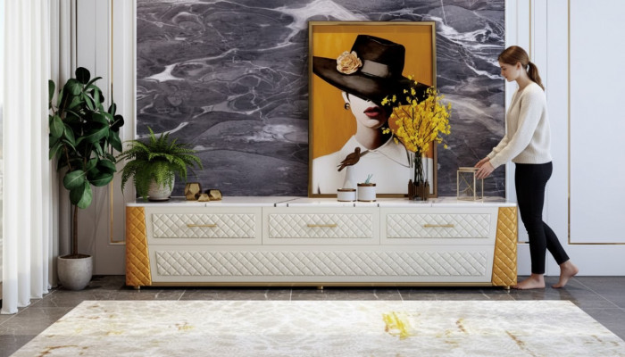 Säitenaarm TV Lowboard RTV XXL Schaf Dësch Wunnzëmmer Holz Marmor