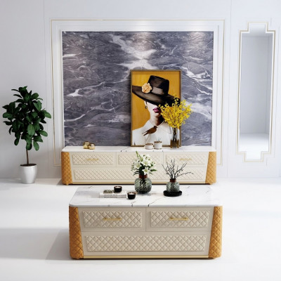 Sideboard TV Lowboard RTV XL Schaf Dësch mat Marmornachbildung 2-teg