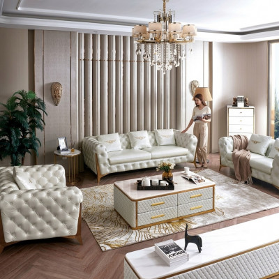 Luxus Chesterfield Canapé-Set 3+2+1 Sëtzer mat Dësch Miwwelen Canapé.