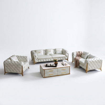 Luxus Chesterfield Canapé-Set 3+2+1 Sëtzer mat Dësch Miwwelen Canapé.