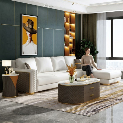 Italienesch Stil Miwwelen 3 Deeler Set Eckssofa + Comptisden Sofa Dëscher Lieder