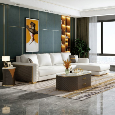 Italienesch Stil Miwwelen 3 Deeler Set Eckssofa + Comptisden Sofa Dëscher Lieder