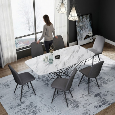 Design Iesszëmmer Grupp Dësch + 6 Still Sëtz Polster Garnitur Dëscher
