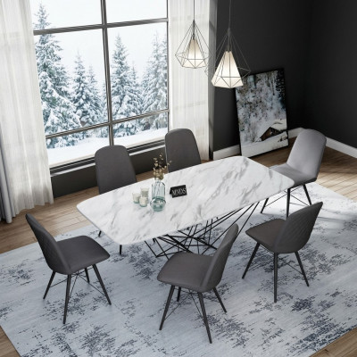Design Iesszëmmer Grupp Dësch + 6 Still Sëtz Polster Garnitur Dëscher