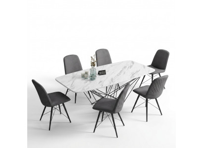 Design Iesszëmmer Grupp Dësch + 6 Still Sëtz Polster Garnitur Dëscher