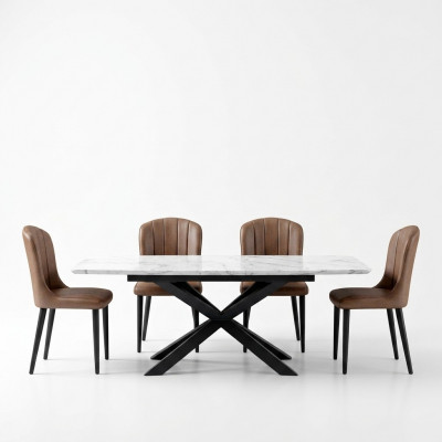 Iesszëmmer Design Miwwelen Stullgrupp Dësch + 4 Lehn Still 5 tlg. Set