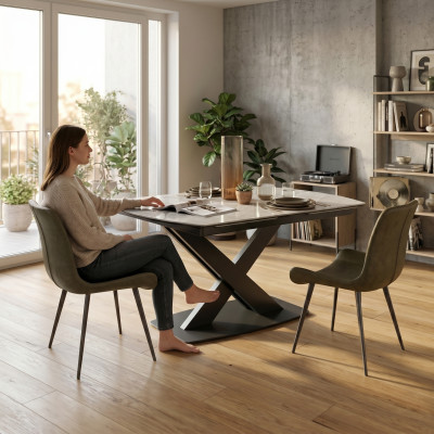 Design Iesszëmmer Grupp Dësch + 2 Still Sëtz Polster Garnitur Dëscher Lehn