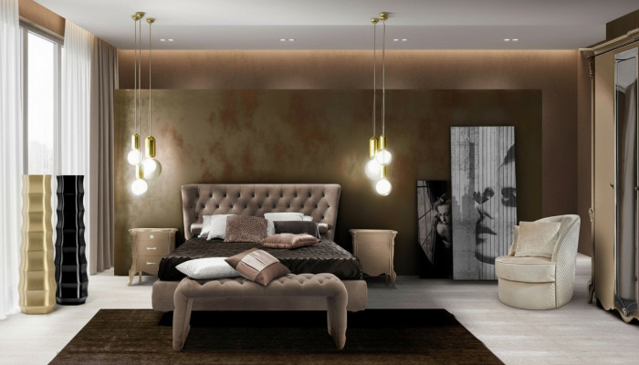 Luxus Schlofkummer Set 4-deelech. Bett + 2x Nuetsdësch + Hocker Modern Design Better Massivholz
