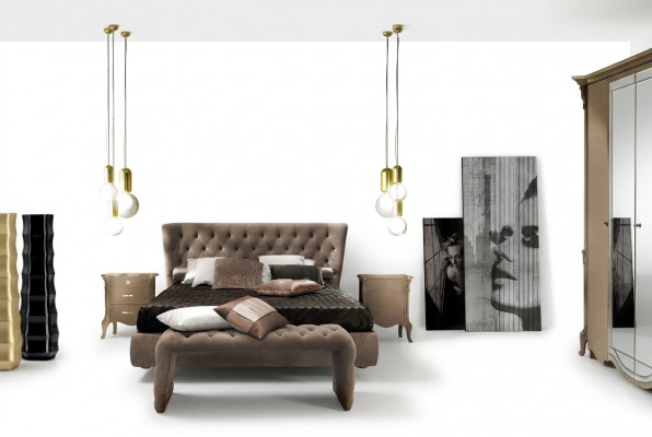 Luxus Schlofkummer Set 4-deelech. Bett + 2x Nuetsdësch + Hocker Modern Design Better Massivholz