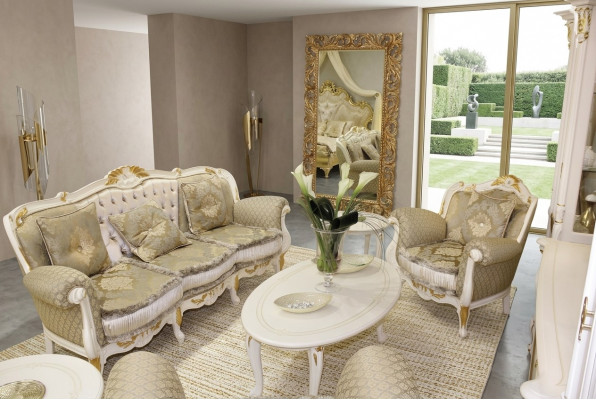 Klassesche Wunnzëmmer Set 4 Deeler Sofaéiert 3+1 Couchtisch Bäistelltisch Massivholz