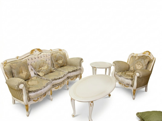 Klassesche Wunnzëmmer Set 4 Deeler Sofaéiert 3+1 Couchtisch Bäistelltisch Massivholz