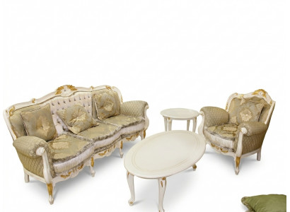 Klassesche Wunnzëmmer Set 4 Deeler Sofaéiert 3+1 Couchtisch Bäistelltisch Massivholz