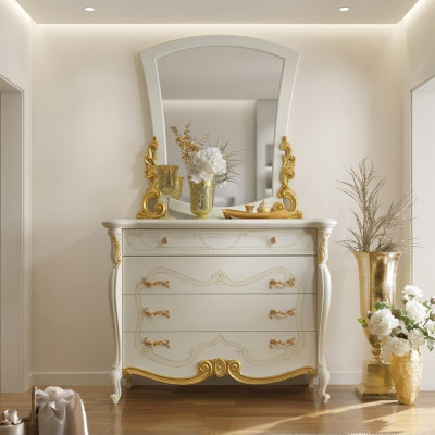 Elegant Stil Miwwelen Schlofkummer Schaf Komod Klassesch Anriescht mat Spigel
