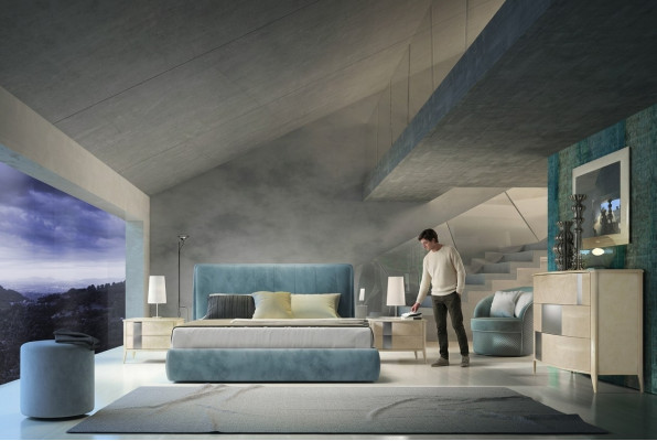 3-deelechegt Schlofzëmmer-Set Bett 2x Nuetsdësch Konsole Polster Duebel Better Hotel