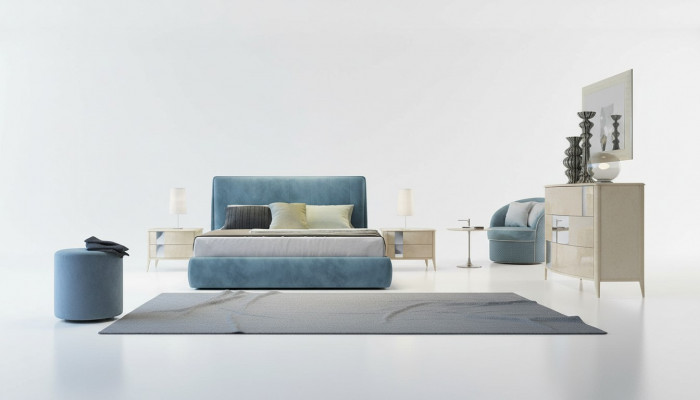 3-deelechegt Schlofzëmmer-Set Bett 2x Nuetsdësch Konsole Polster Duebel Better Hotel