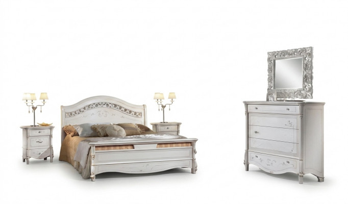 Luxus Schlofzëmmer Set 4tlg. Bett + 2x Nospëicher + Kommode Modern Design Better Massivholz