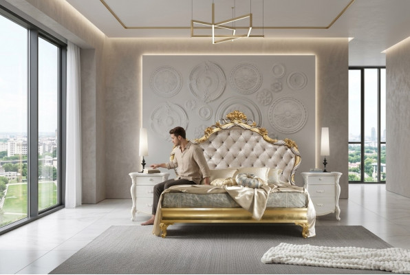 Schlofzëmmer Luxus Set 4tlg. Bett + 2x Nuetsdësch + Chaiselongue Design Läifläsch