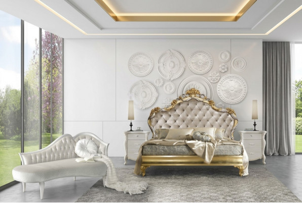 Schlofzëmmer Luxus Set 4tlg. Bett + 2x Nuetsdësch + Chaiselongue Design Läifläsch