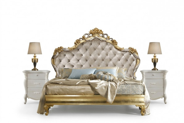 Schlofzëmmer Luxus Set 4tlg. Bett + 2x Nuetsdësch + Chaiselongue Design Läifläsch
