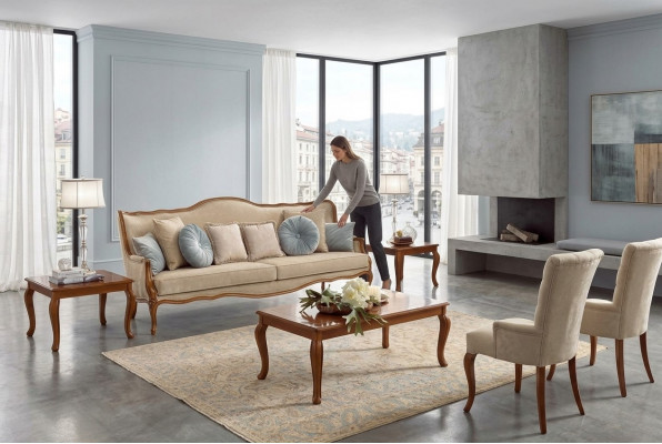 Sofasëtzung 6-Deeler Klassesch Miwwelen Sofa Fauteuil Bäistell Dësch Couchdësch Holz
