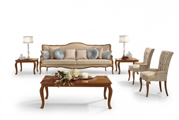 Sofasëtzung 6-Deeler Klassesch Miwwelen Sofa Fauteuil Bäistell Dësch Couchdësch Holz