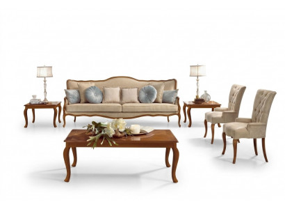 Sofasëtzung 6-Deeler Klassesch Miwwelen Sofa Fauteuil Bäistell Dësch Couchdësch Holz