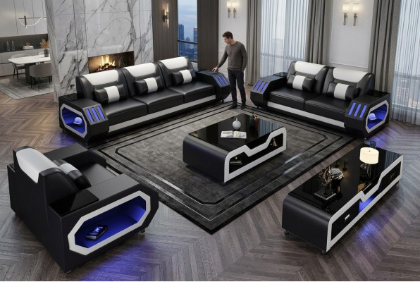 Ledersofa Canapé Sofa Garnitur 3+2+1 - Beliicht Designer Canapéën Nei