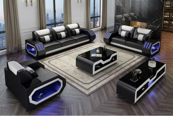 Ledersofa Canapé Sofa Garnitur 3+2+1 - Beliicht Designer Canapéën Nei