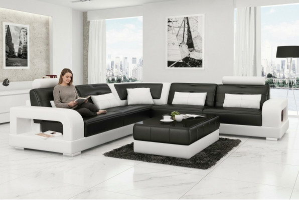 Ledersofa Ecksofa + Couchtisch Garnitur Polster L-Form Sofa Design