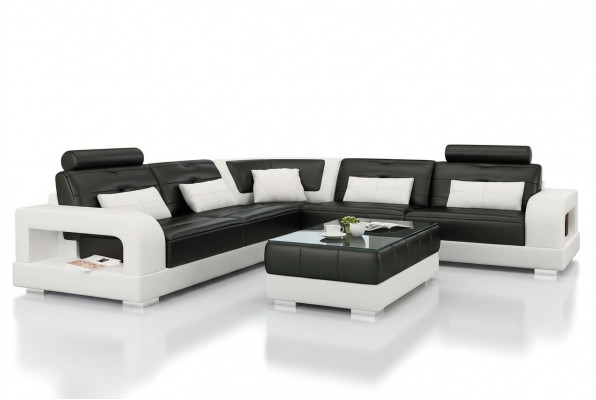 Ledersofa Ecksofa + Couchtisch Garnitur Polster L-Form Sofa Design