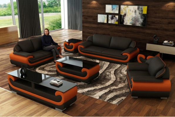 Ledercouch Wunnlandschaft 3+1+1 Sëtzer Set Design Modern Sofa